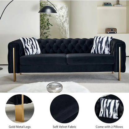 84-Inch High-Arm Upholstered Sofa with 2 Pillows and Metal Legs for Living Spaces in Black