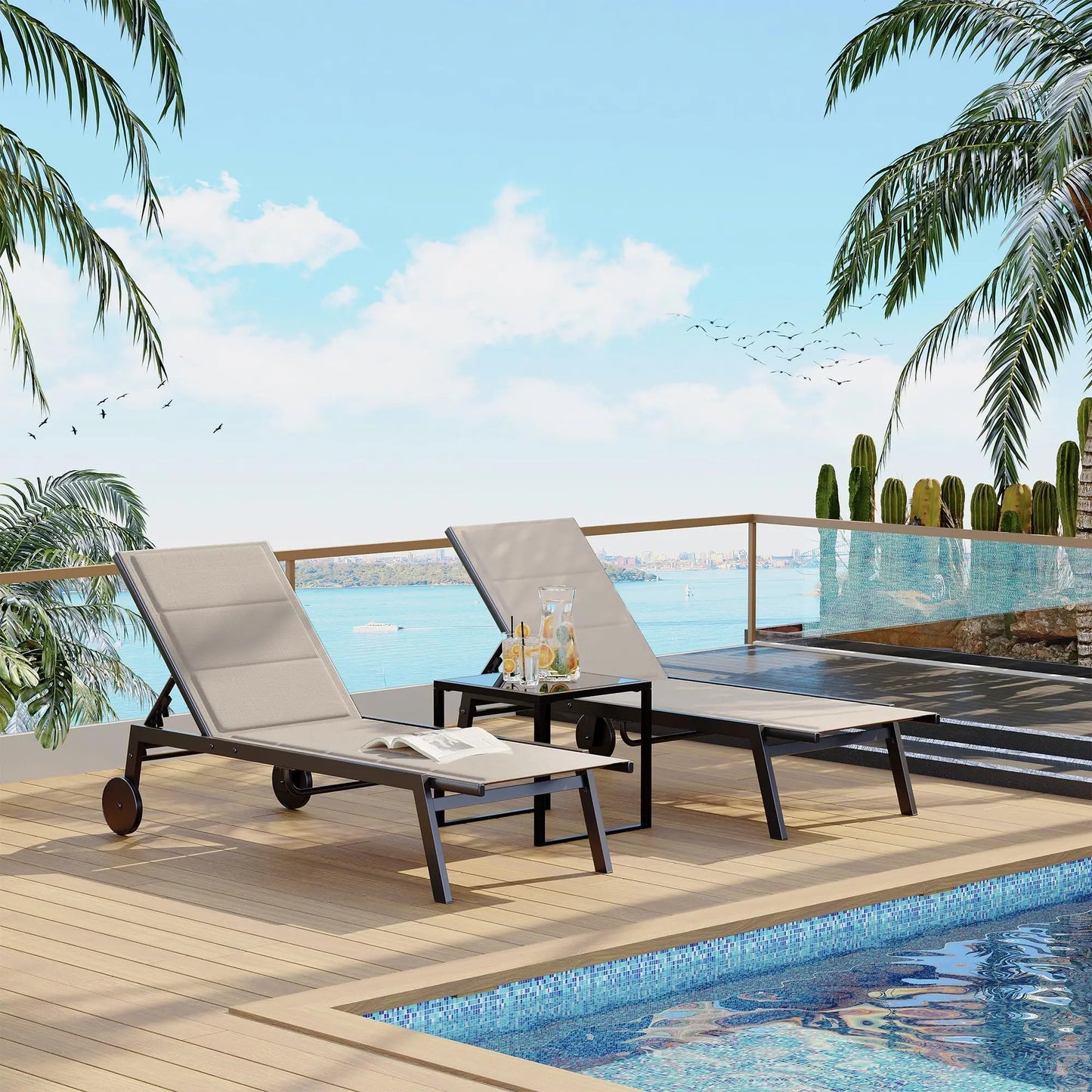 Chaise Lounge Chairs with Side Table, Set of 3 Outdoor with Wheels, 5-Level Backrest.