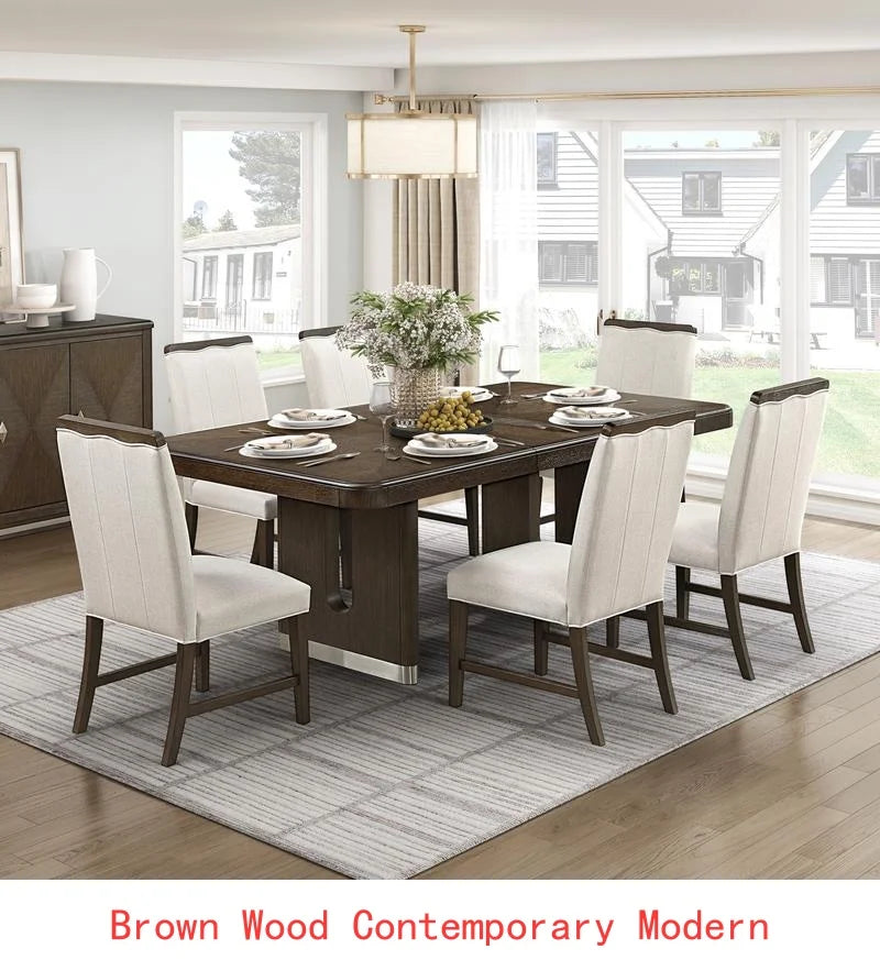 Modern Brown Finish 7-Piece Dining Set with Round Table and 6 Beige Upholstered Side Chairs.