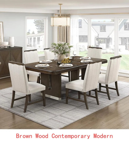 Modern Brown Finish 7-Piece Dining Set with Round Table and 6 Beige Upholstered Side Chairs.