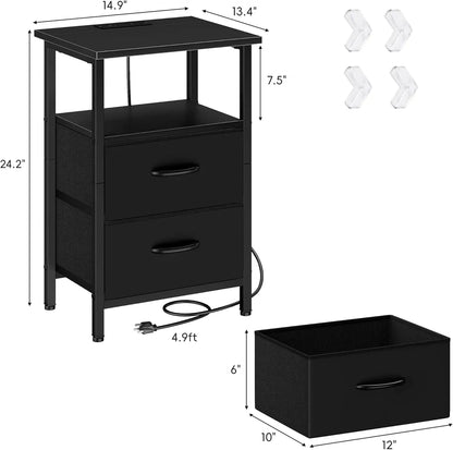 2-Piece Nightstand Set with LED Lights & Charging Station, 2 Fabric Drawers & Storage Shelves.
