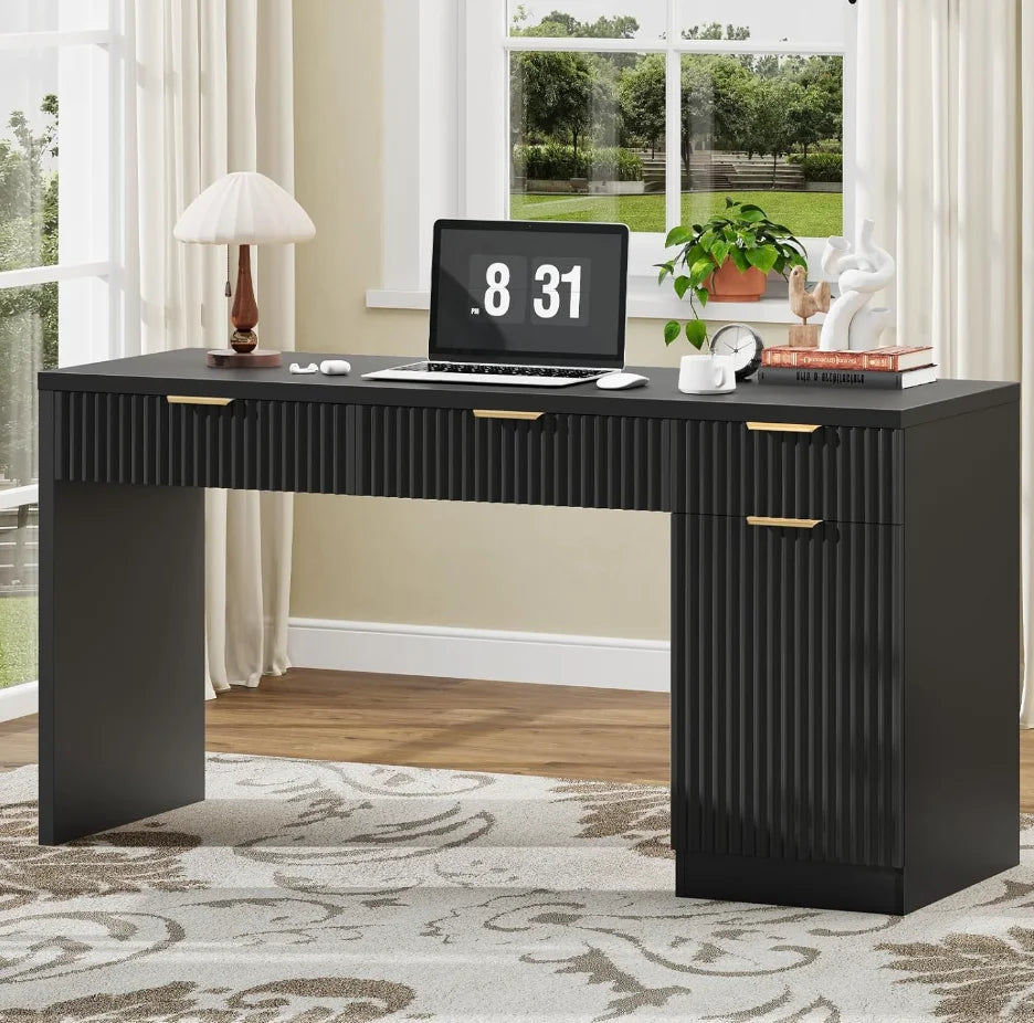 60" Executive Desk with Fluted Drawers, Wood Home Office Desk with Storage Cabinet, Charging Station.