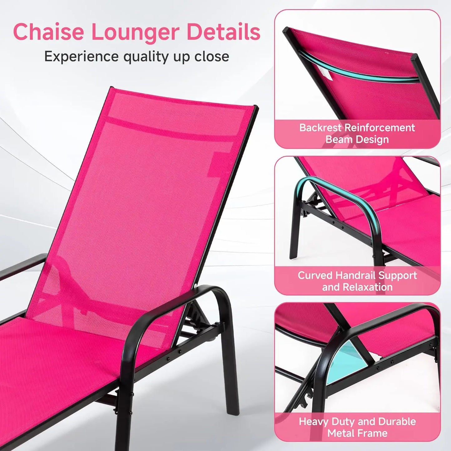 Adjustable Outdoor Chaise Lounge Chair with Armrests, 5 Positions, Metal Frame for Patio Poolside.