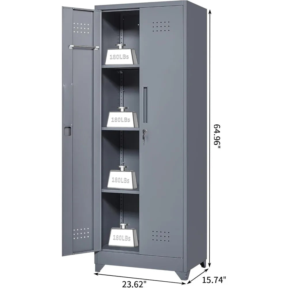 Steel Locking Cabinet with Hanging Rod, Storage with Doors and Hooks, Tall Broom Tool Cabinets