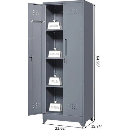 Steel Locking Cabinet with Hanging Rod, Storage with Doors and Hooks, Tall Broom Tool Cabinets