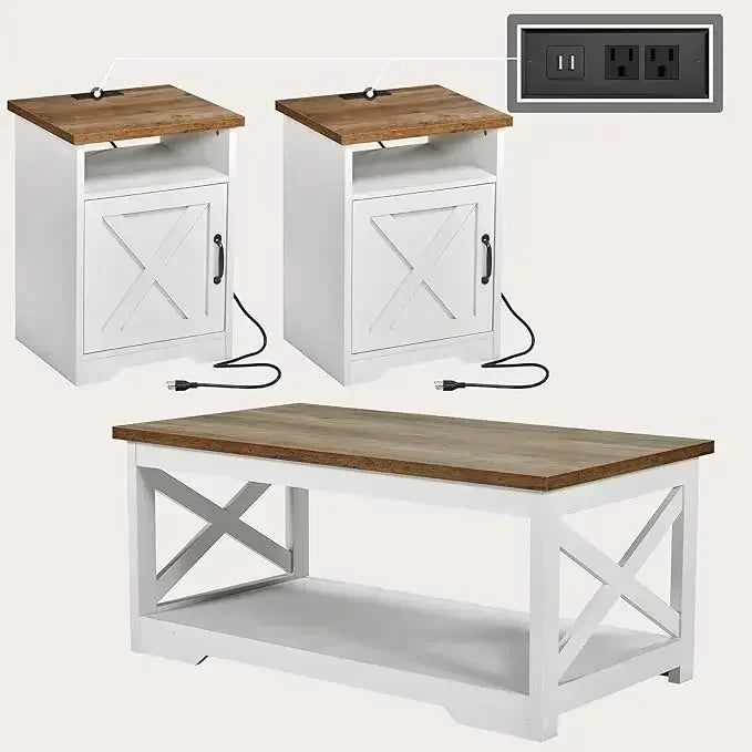 Bestseller Farmhouse Style 3-Piece Living Room Furniture Set - Coffee Table - 2 End Tables, Charging Station.