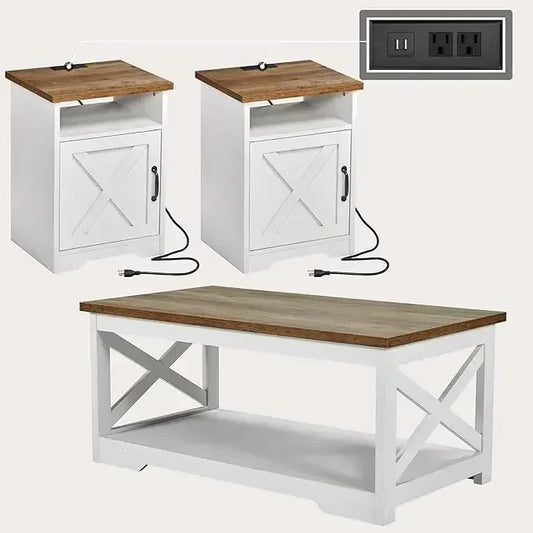 Bestseller Farmhouse Style 3-Piece Living Room Furniture Set - Coffee Table - 2 End Tables, Charging Station.