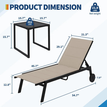 Chaise Lounge Chairs with Side Table, Set of 3 Outdoor with Wheels, 5-Level Backrest.