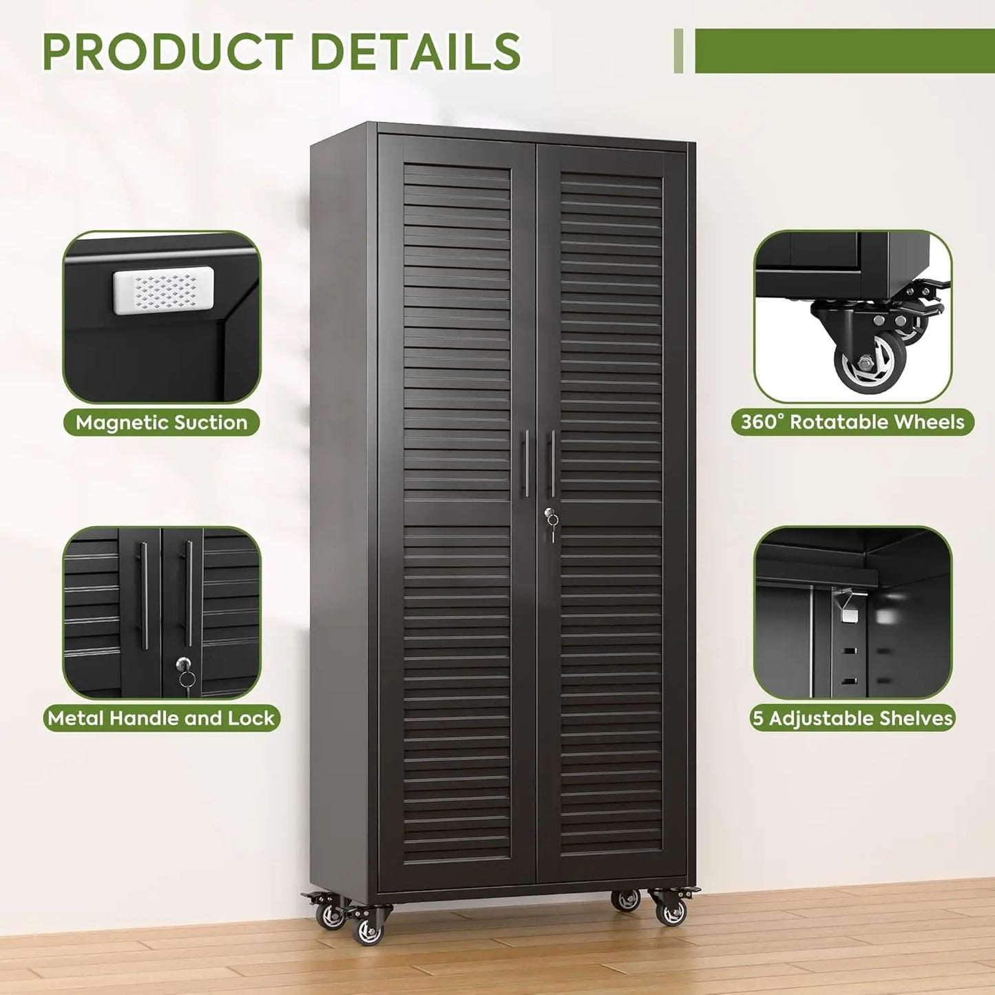 Garage Storage Cabinet with Wheels Pegboard and Adjustable Shelves, Metal Lockable Cabinet.
