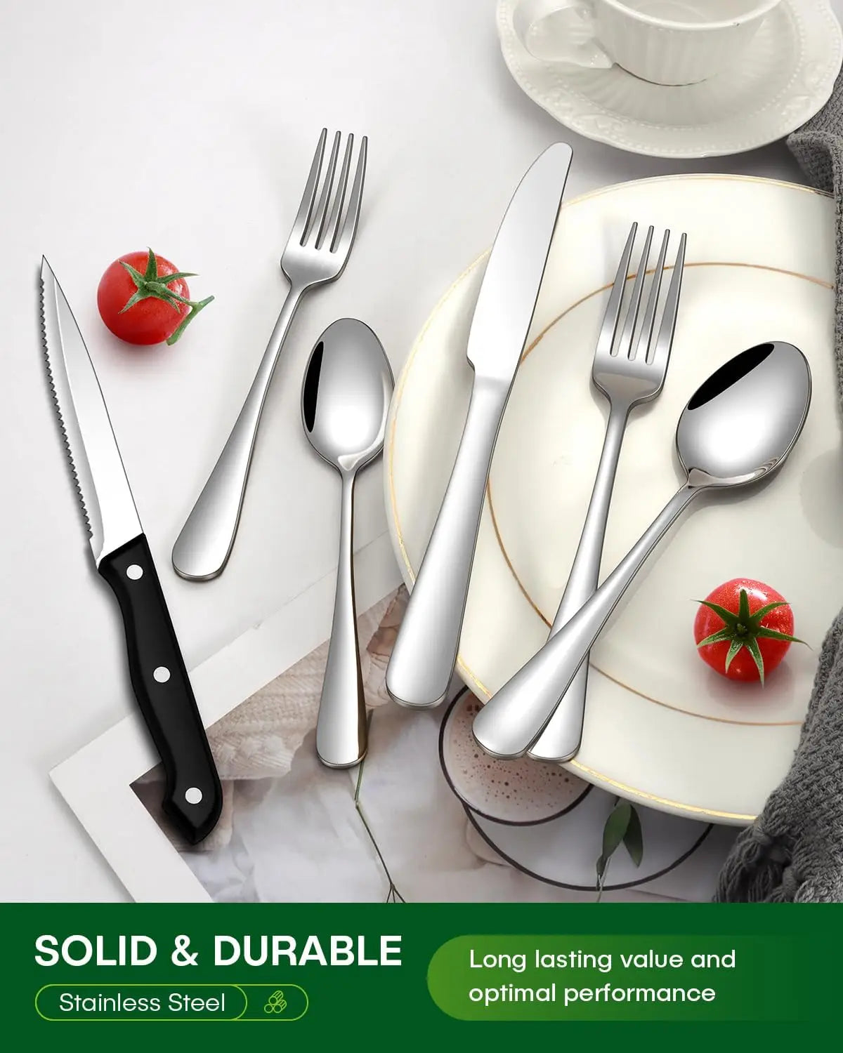72 Pcs Stainless Steel Silverware Set for 12 with Steak Knives, Dishwasher Safe.