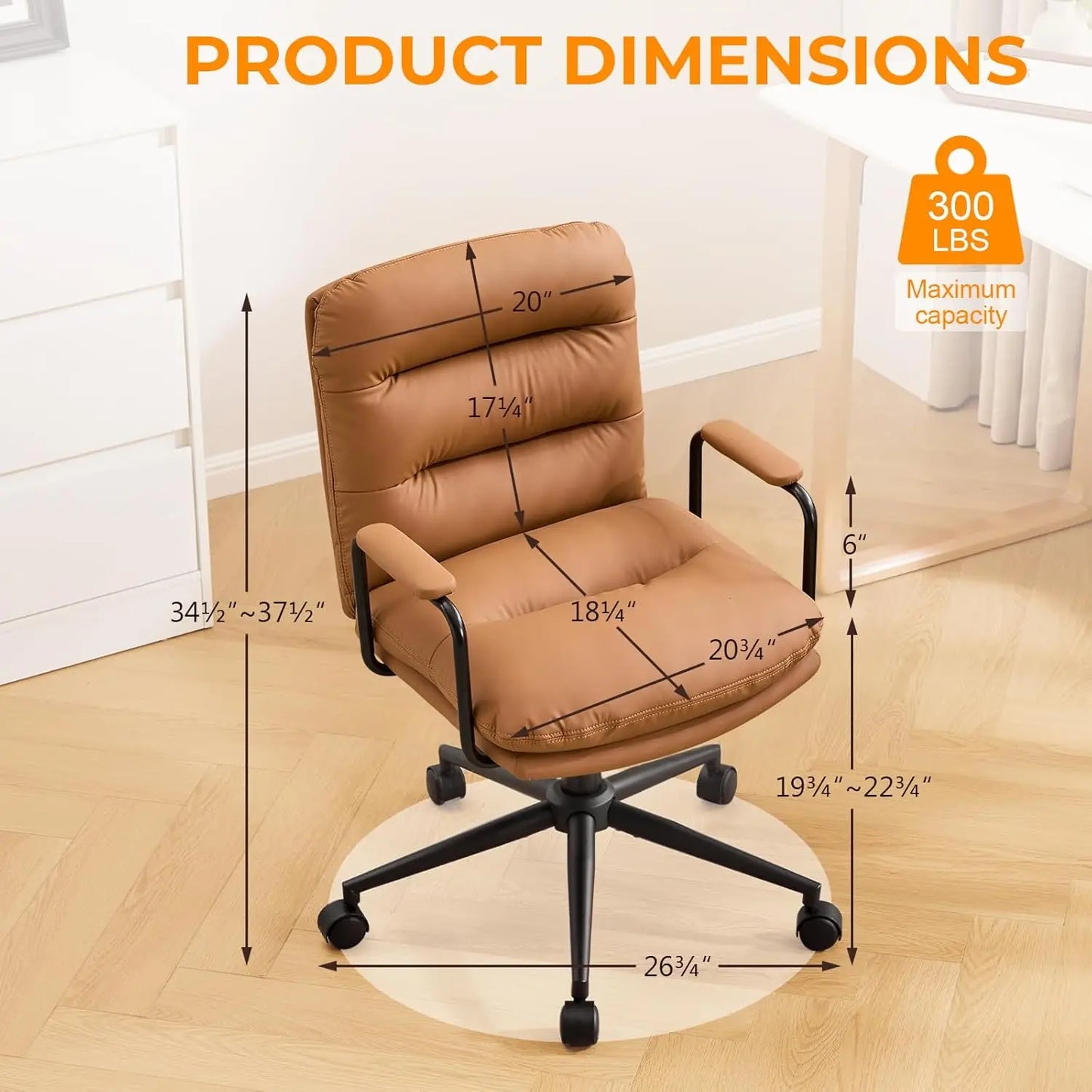 Leather Home Desk Chair, Comfortable Executive Office Chair with Wheels, Adjustable Height.