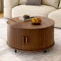 Round Coffee Table with Storage,31.5" 360° Curved Sliding Door, Fluted Wood Accent Coffee Table