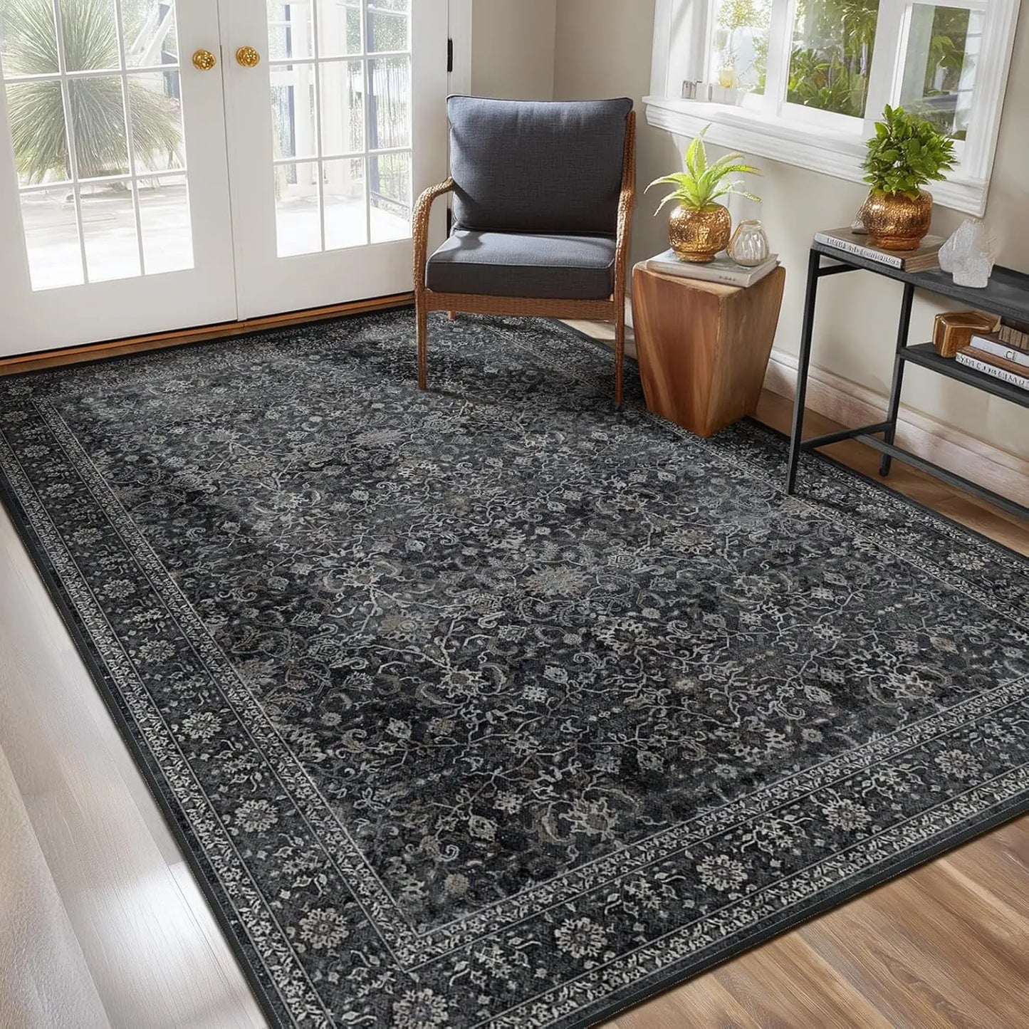 Vintage Charcoal Black Area Rug 6x9, Washable Non-Slip Low Pile Carpet for Living Room Bedroom.