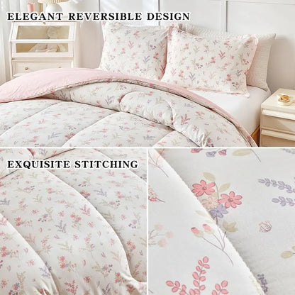 3pcs Cotton Comforter Set for Girls, Pink Floral Design, Twin Size Soft n Cozy Bedding Comforter Set.