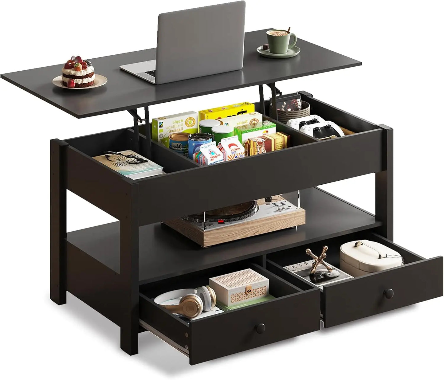 Lift Top Coffee Table with 2 Drawers, Large Storage and Open Shelf for Living Room in Black