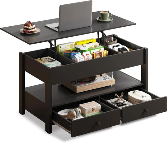Lift Top Coffee Table with 2 Drawers, Large Storage and Open Shelf for Living Room in Black