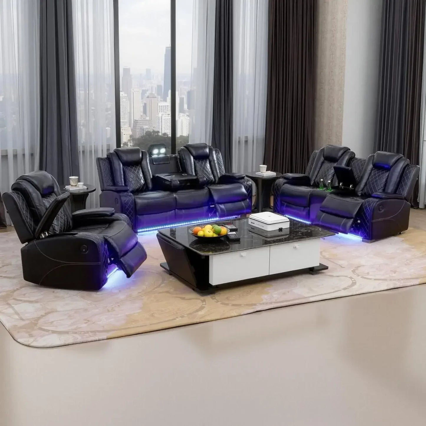 Power Living Room Furniture Sets, Electric Recliner Chair with LED Light, sectional Sofa Loveseat with Wireless Charging
