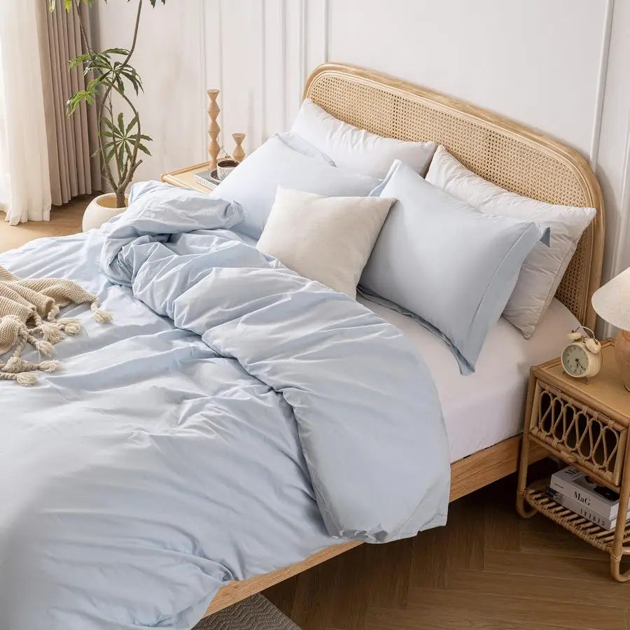 Light Blue 100 Washed Cotton Linen Like Duvet Cover Set Queen Size, 3 Pieces, and 2 Pillow Shams.