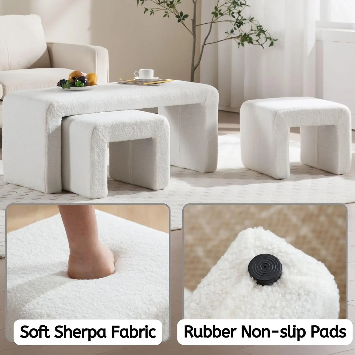 40.5" Wide Upholstered End of Bed Bench with 2 Small Stools Sherpa Comfy Entry Bench Vanity Stools.