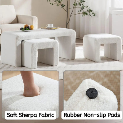40.5" Wide Upholstered End of Bed Bench with 2 Small Stools Sherpa Comfy Entry Bench Vanity Stools.