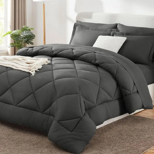 Queen Comforter Set Dark Grey Bed in a Bag Queen Size 7 Pieces, Luxury Soft Bed Set for All Seasons.