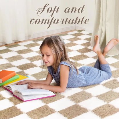 Soft Rug for Bedroom, 6x9 Ft Beige and White Area Rug Classic Checkered Shaggy Antiskid.