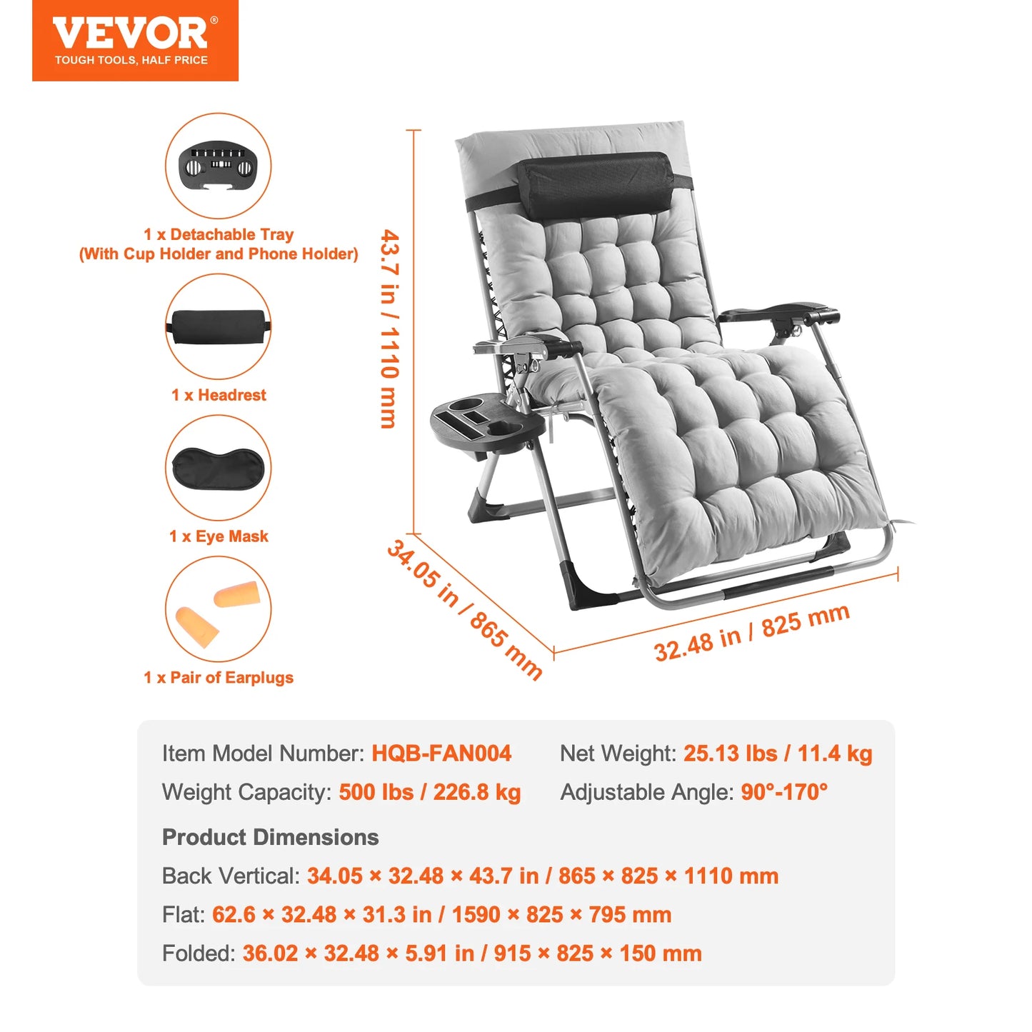 Zero Gravity Chair, Recliner Lounge Chair Adjustable with Cushion Footrest & Cupholder.
