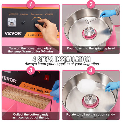 Electric Cotton Candy Machine with Cart 1000W Commercial, Stainless Steel Bowl, Sugar Scoop & Drawer