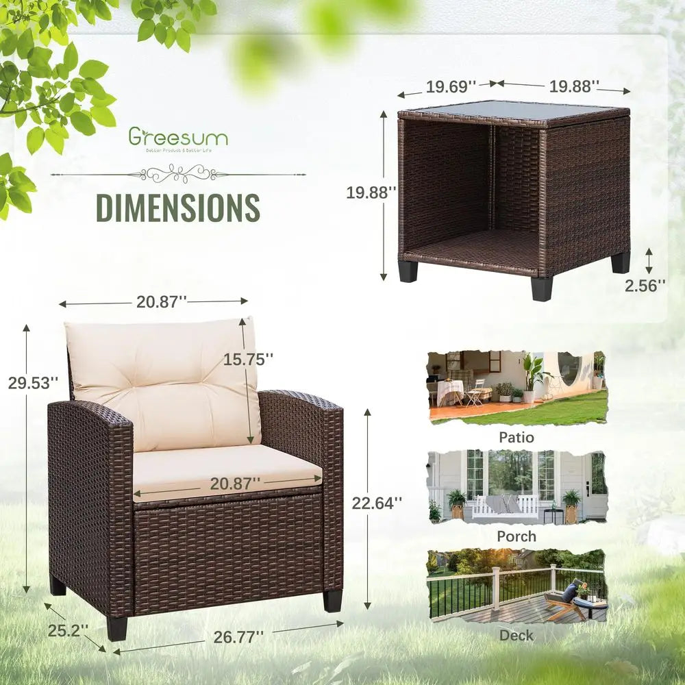 3 Pieces Patio Furniture Sets Outdoor PE Rattan Wicker Chairs & Table.