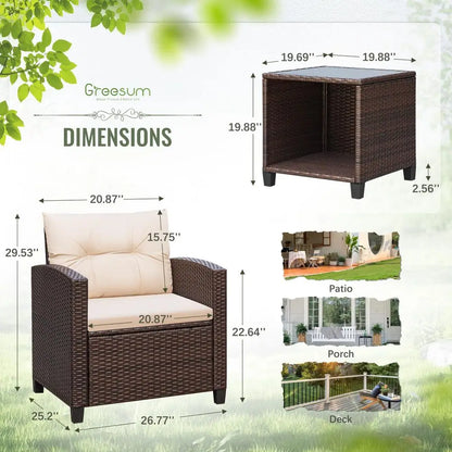 3 Pieces Patio Furniture Sets Outdoor PE Rattan Wicker Chairs & Table.