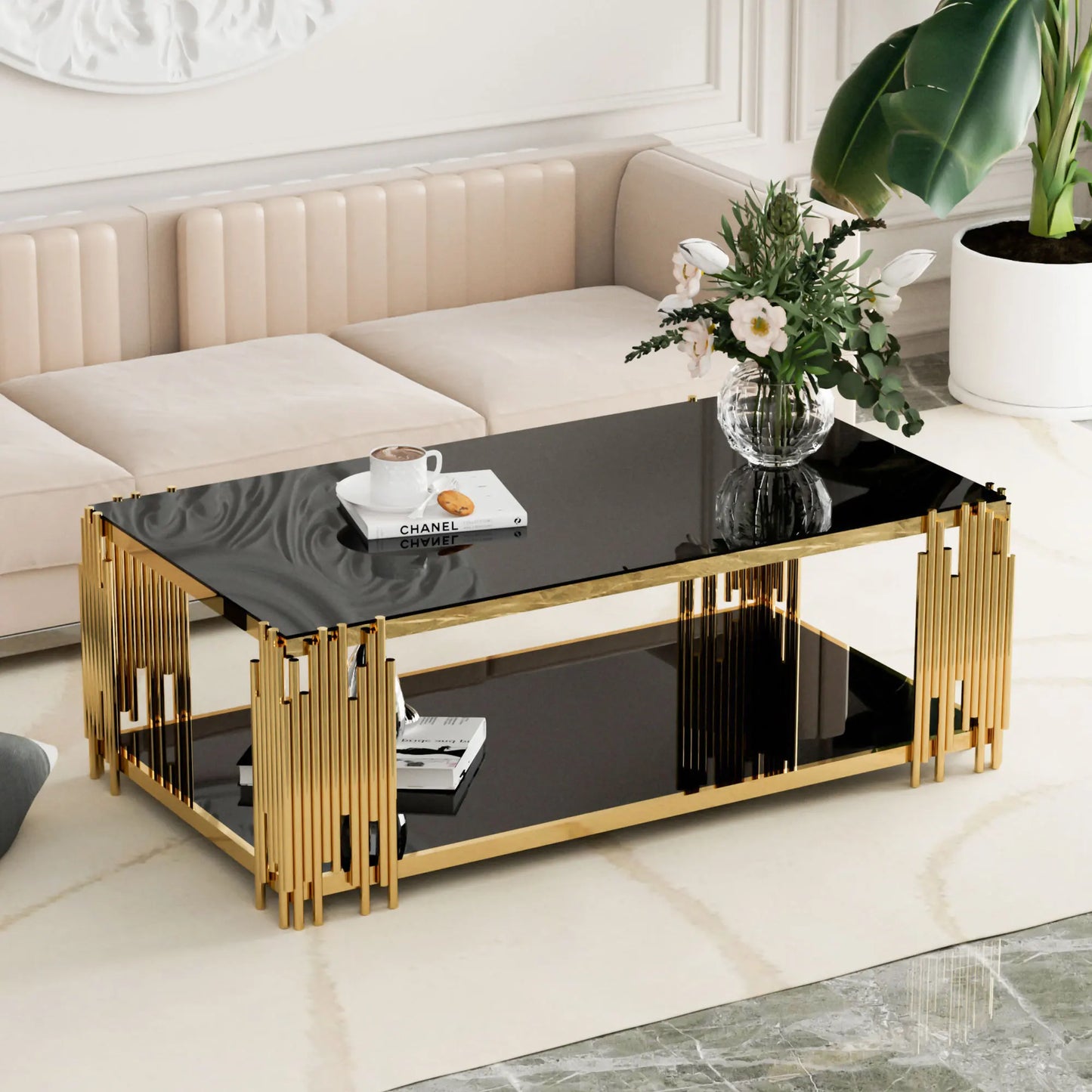 Stainless Steel Rectangle Glass Coffee Table for Living Room.
