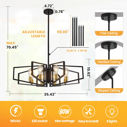 8-Light Geometric Chandelier Adjustable Height Metal Pendant Light with Black Frame & Golden Accents.