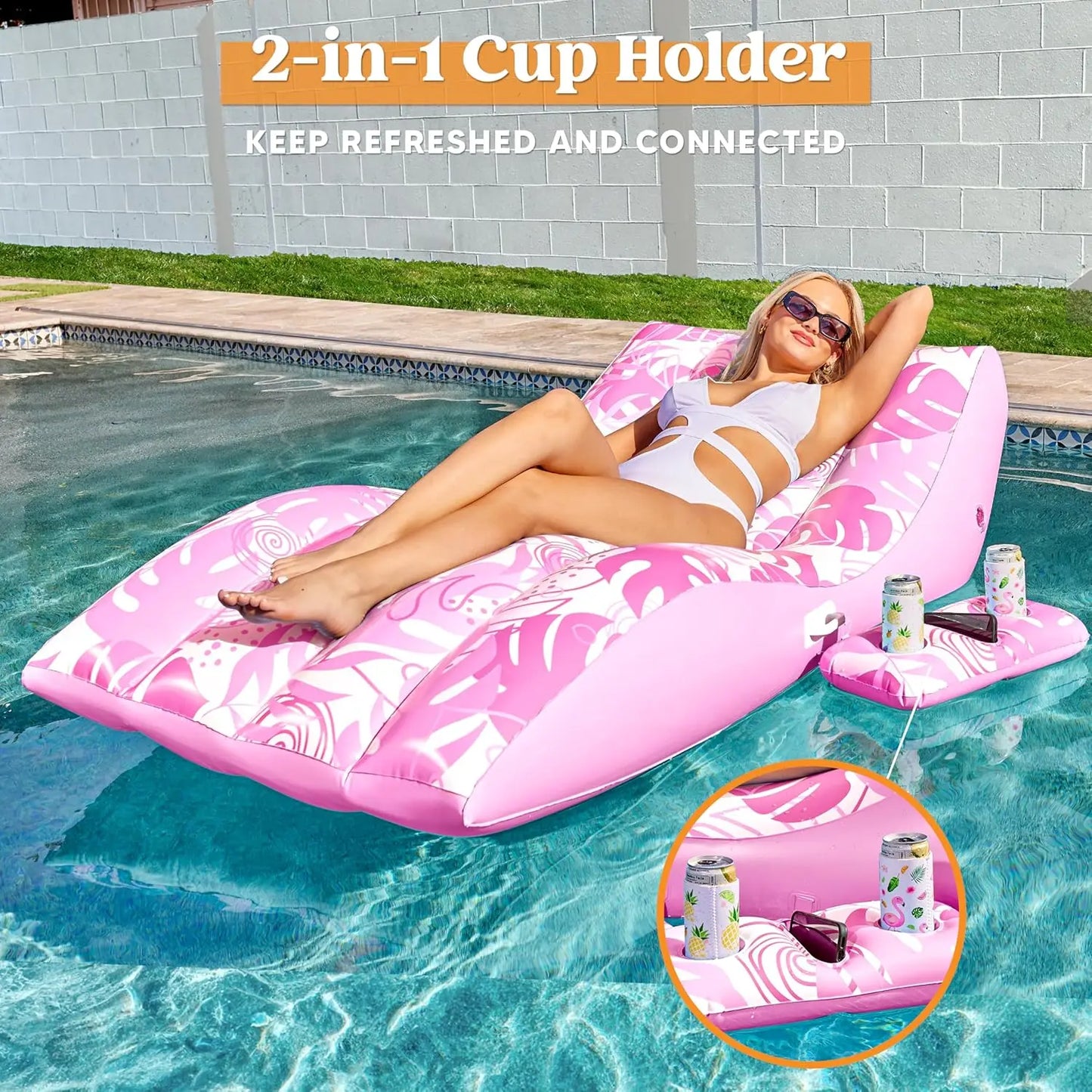 Inflatable Pool Lounge Chair with Cup Holder, Heavy Duty Floating Recliner for Tanning.