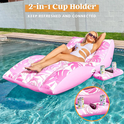 Inflatable Pool Lounge Chair with Cup Holder, Heavy Duty Floating Recliner for Tanning.
