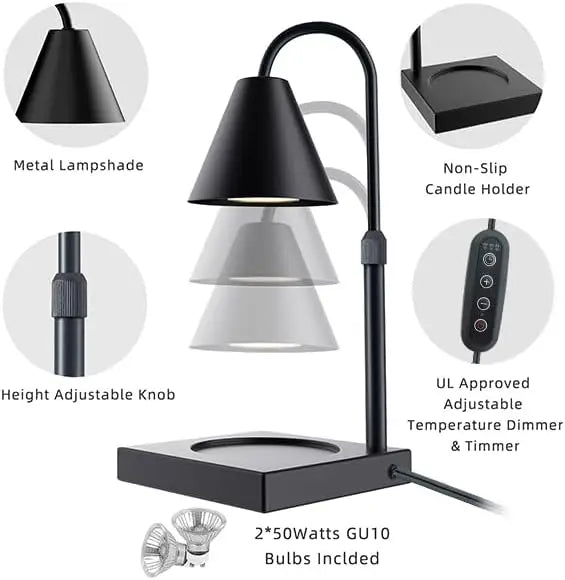 Stepless Dimming Candle Warmer Lamp with Timer and Adjustable Height.