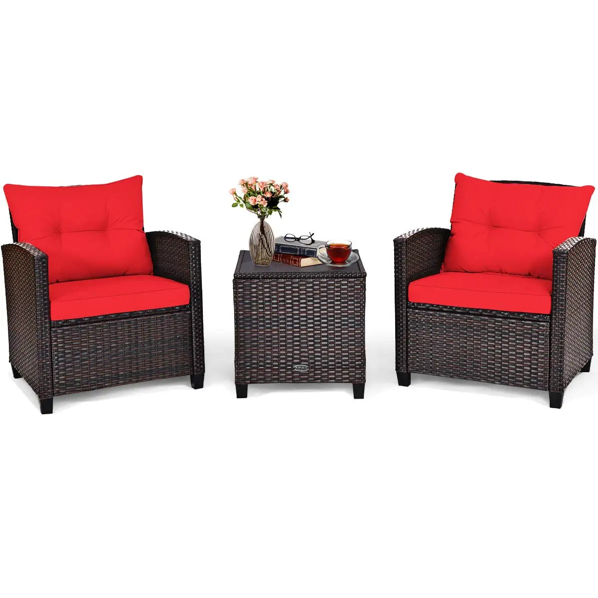 3 Pieces Patio Furniture Set, PE Rattan Wicker Outdoor Sofa Set w/Washable Cushion and Tempered Glass.