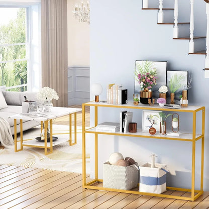 Faux Marble White Coffee Table Set with 3-Tier End Table and Console Tables, for Living Room