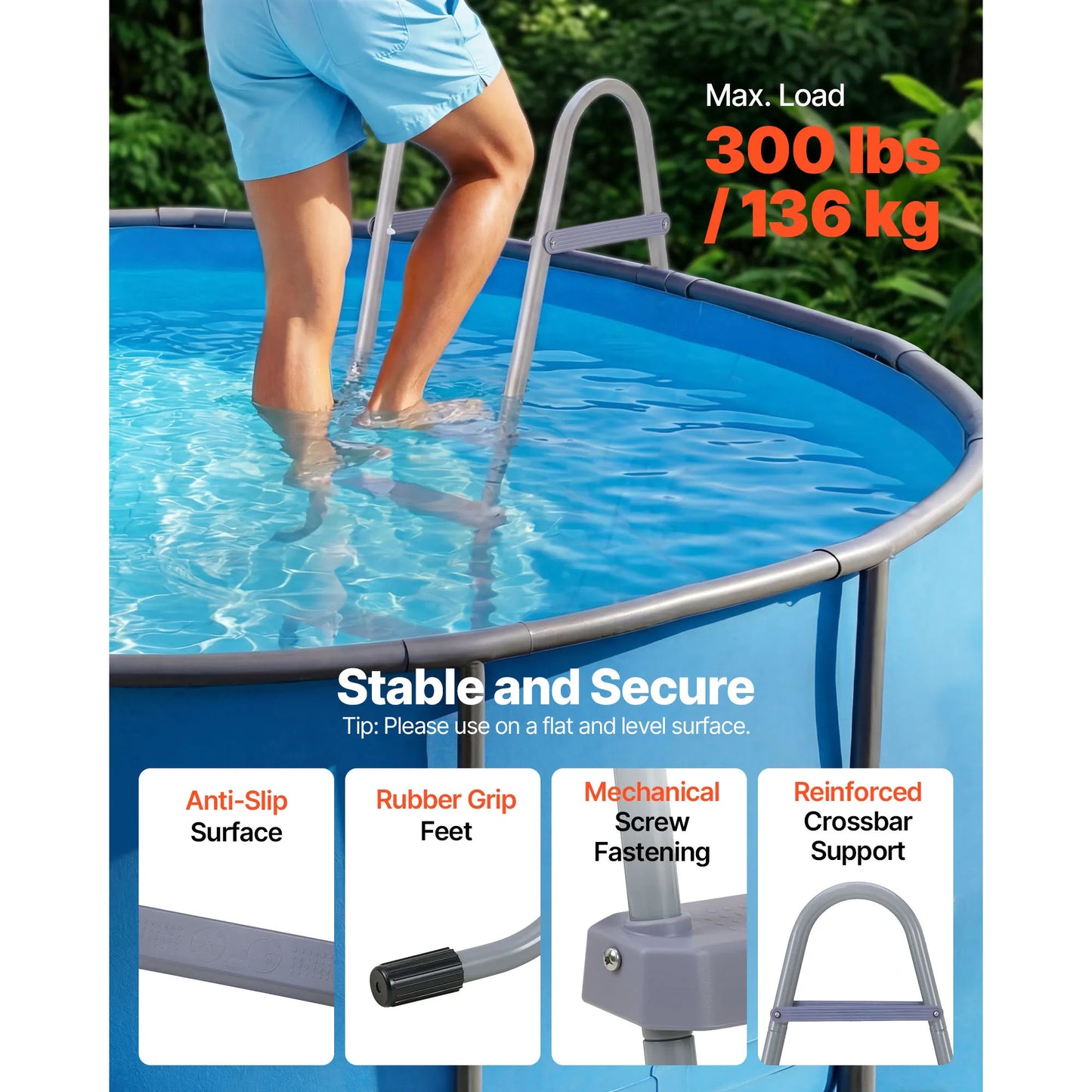 Above Ground Pool Ladder A-Frame Swimming Pool Stairs for High Wall with Non-Slip Sturdy Wide Step