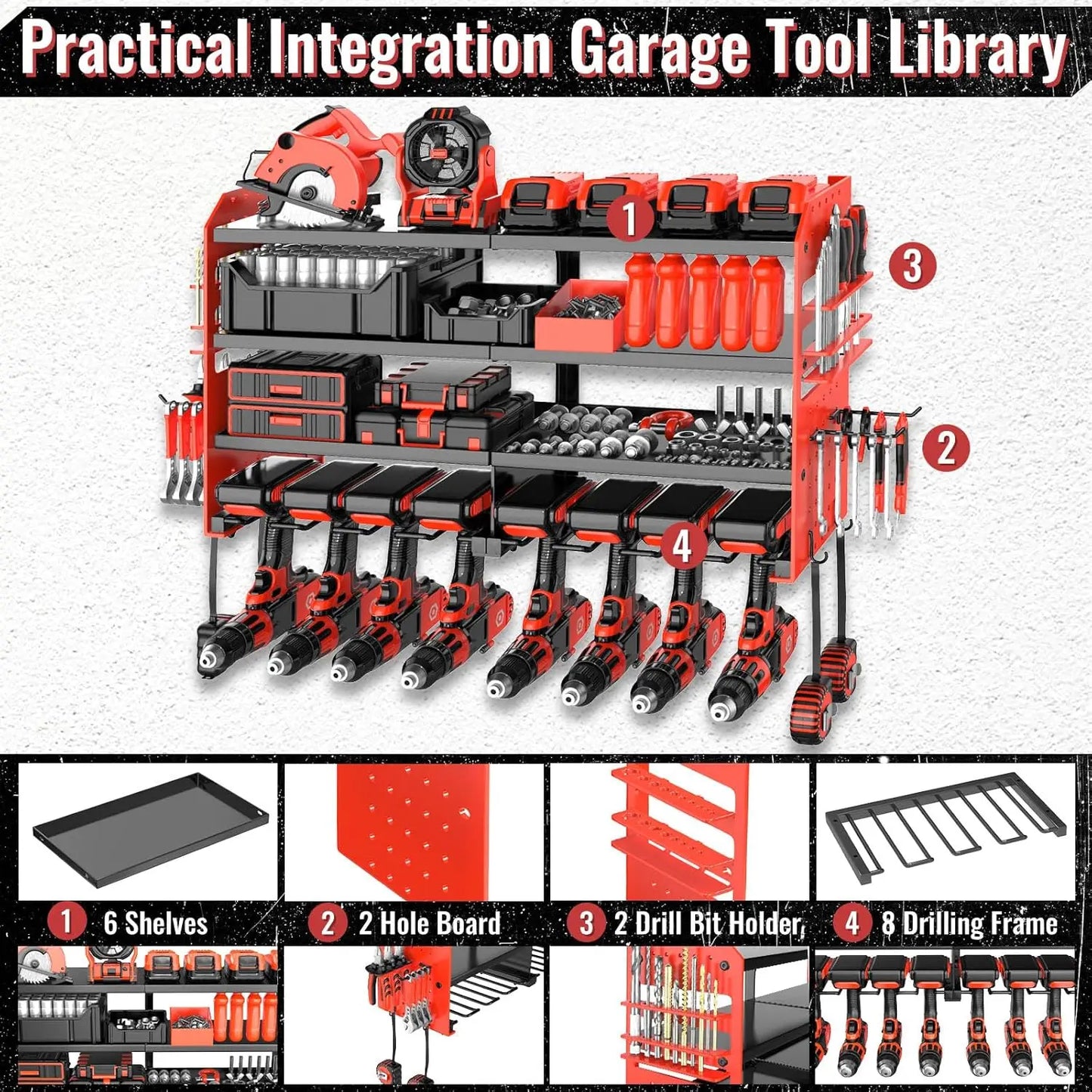 Metal Power Tool Organizer Wall Mount with Screwdriver Holder, Storage Shelves for Drills & Pliers.