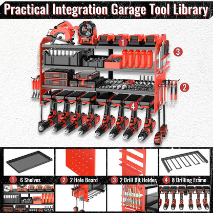 Metal Power Tool Organizer Wall Mount with Screwdriver Holder, Storage Shelves for Drills & Pliers.
