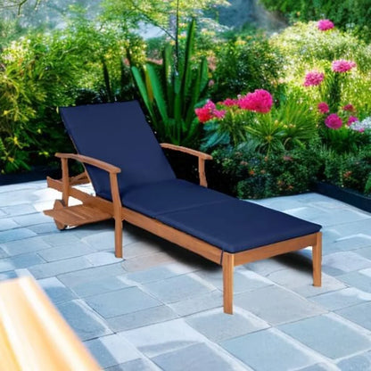 Acacia Wood Chaise Lounge Chair Recliner, Outdoor Furniture for Patio, Poolside w/Slide-Out Side Table.