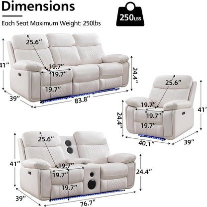 6-Seat Electric Power Recliner Sofa Set with Drop-Off Table, Wireless Charger, Faux Leather Loveseat.