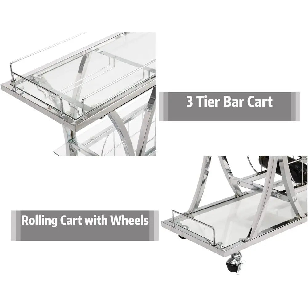 Silver Bar Cart with Glass Holders & Wine Rack, 3 Tier Serving Carts with Glass Shelves, Metal Rolling Bar.