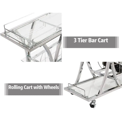 Silver Bar Cart with Glass Holders & Wine Rack, 3 Tier Serving Carts with Glass Shelves, Metal Rolling Bar.