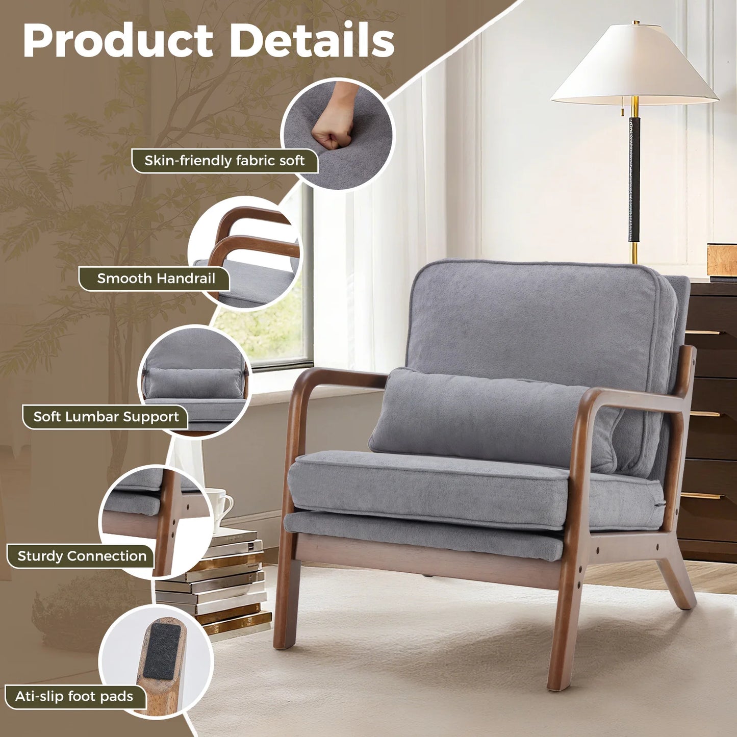 JHK Mid Century Modern Chair Solid Wooden Frame Accent Chair with Arms, Waist Cushion Chair