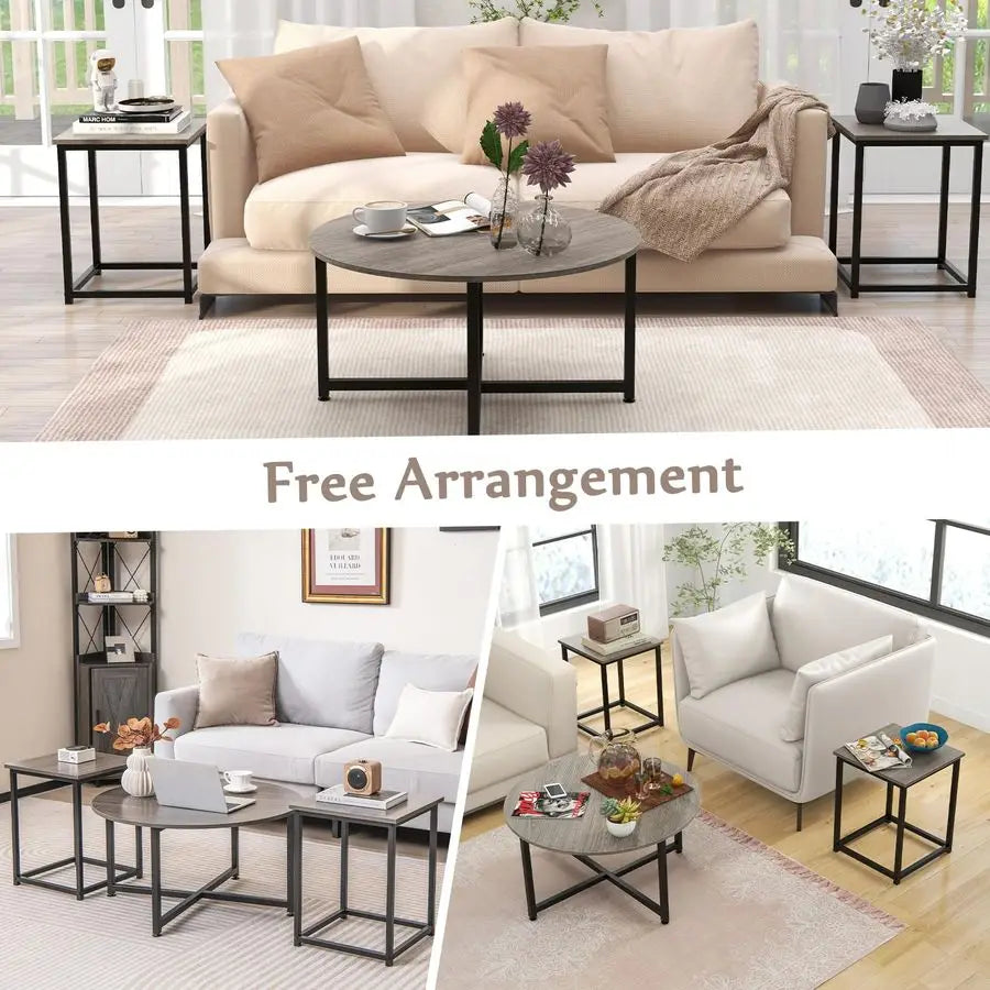 Coffee Table Set of 3, Wood Grain Round Coffee Table and 2 Square End Side Tables, Metal Frame, 3Piece Living Room