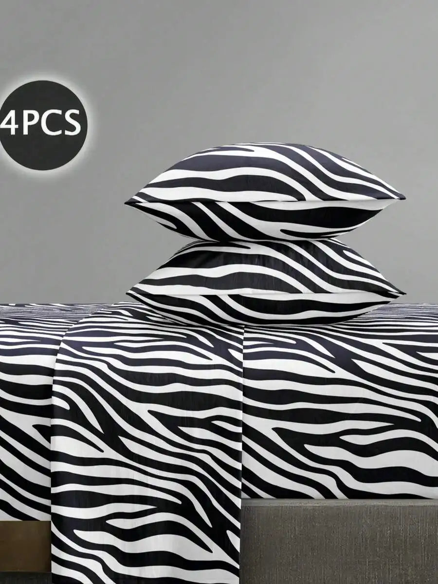 4PCS Zebra Print Bedding Set - Microfiber Sheet Set with Deep Pocket Fitted Sheet