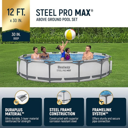 12 Foot by 30 Inch Round Above Ground Swimming Pool Set Outdoor Metal Frame with Filter Pump.