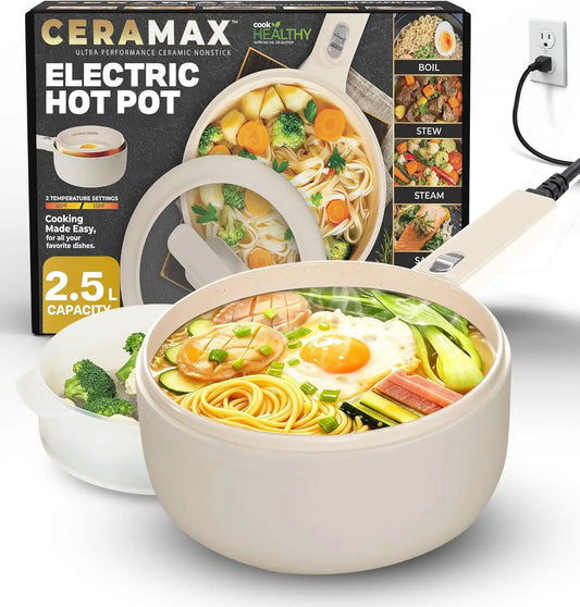 2.5L Electric Hot Pot with Lid & Steamer, Ceramic Cooker- Adjustable Temp 2025 Model