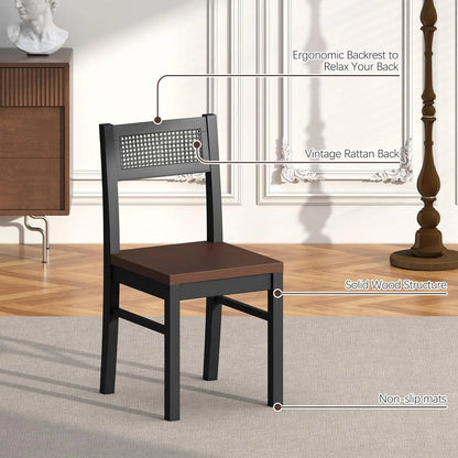 Black Dining Table Set for 4-43.3" Table and Chairs Solid Wood Legs and Woven Rattan Backs.